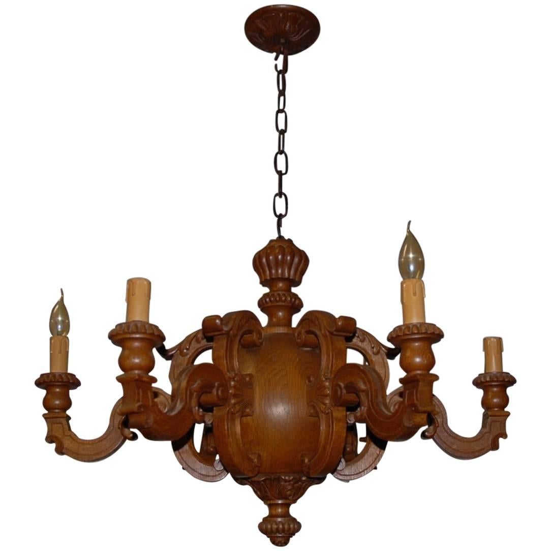 Arts & Crafts, Vienna Carved Unique Shape Tiger Oak Chandelier / Pendant Light