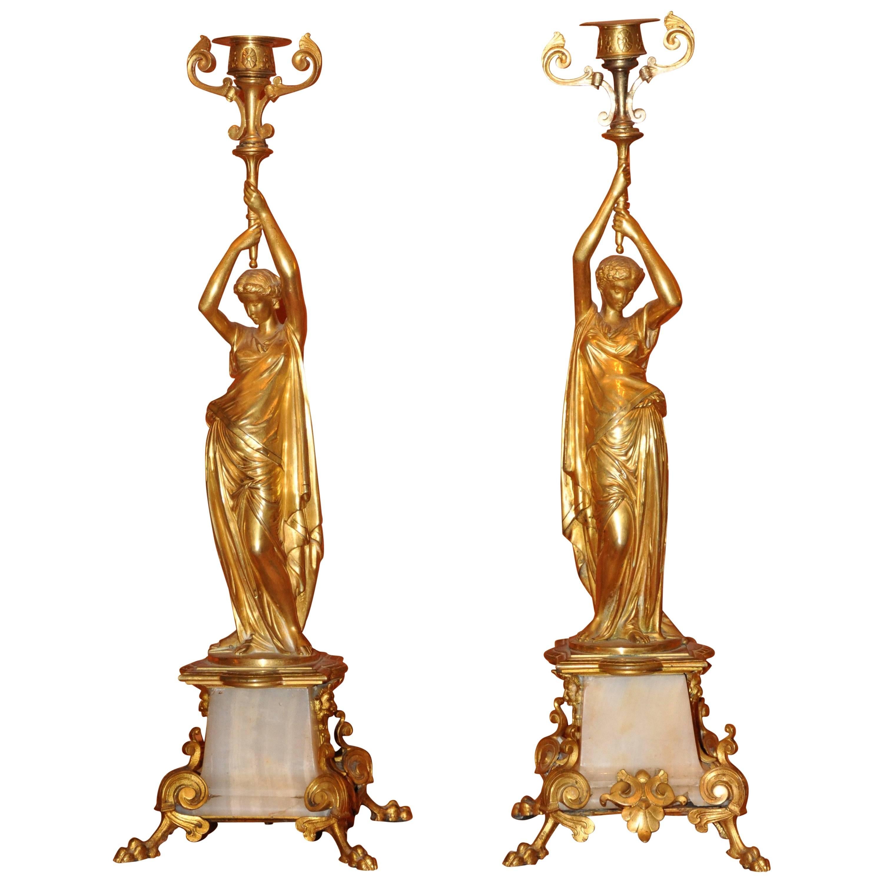 19th Century Pair of Gilded Bronze Candlestick Holders Female Figures For Sale