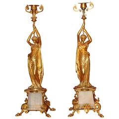 19th Century Pair of Gilded Bronze Candlestick Holders Female Figures