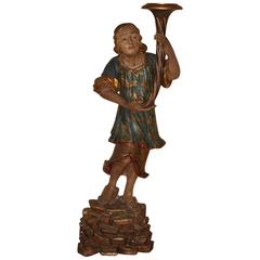 Northern European Large Scale Carved Polychrome Figure of Boy on Rock Plinth 2