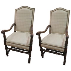Pair of English Jacobean Revival Oak Wood Armchairs