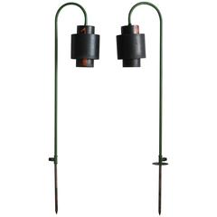 Vintage Pair of over Arching Green and Black Painted Metal Outdoor Lanterns
