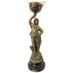 Newel Post Light or Lamp with Flame Shade Titled the "Pecheur" on the Base