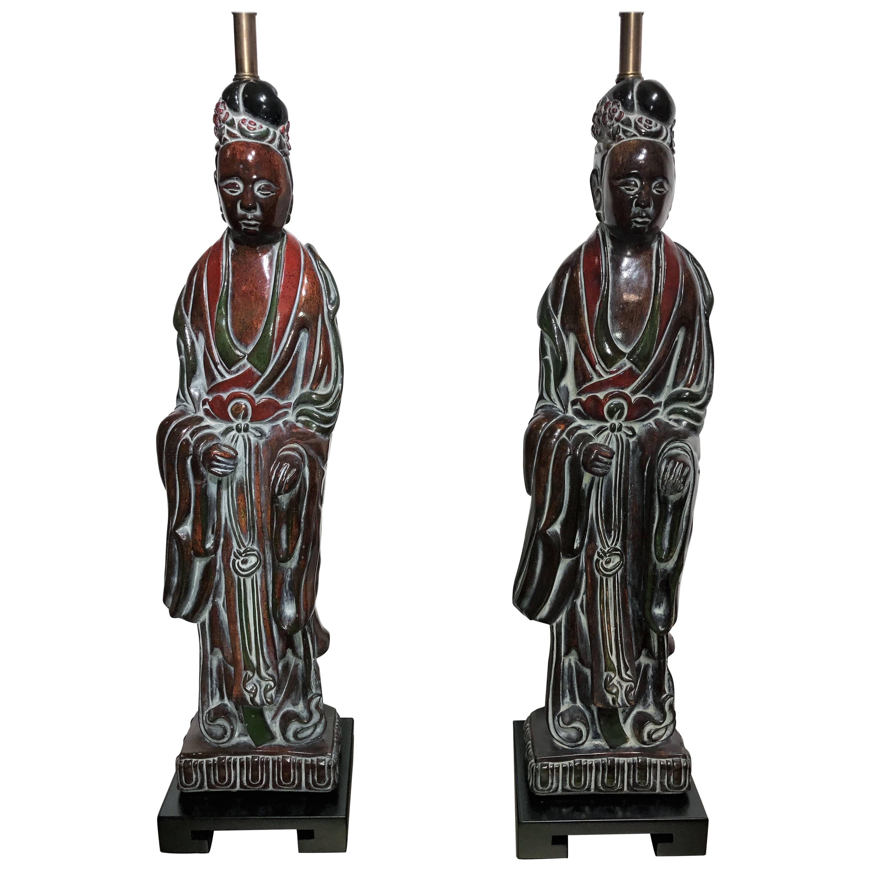 Pair of 1940s Quan Yin Table Lamps Attributed to Frederick Cooper For Sale