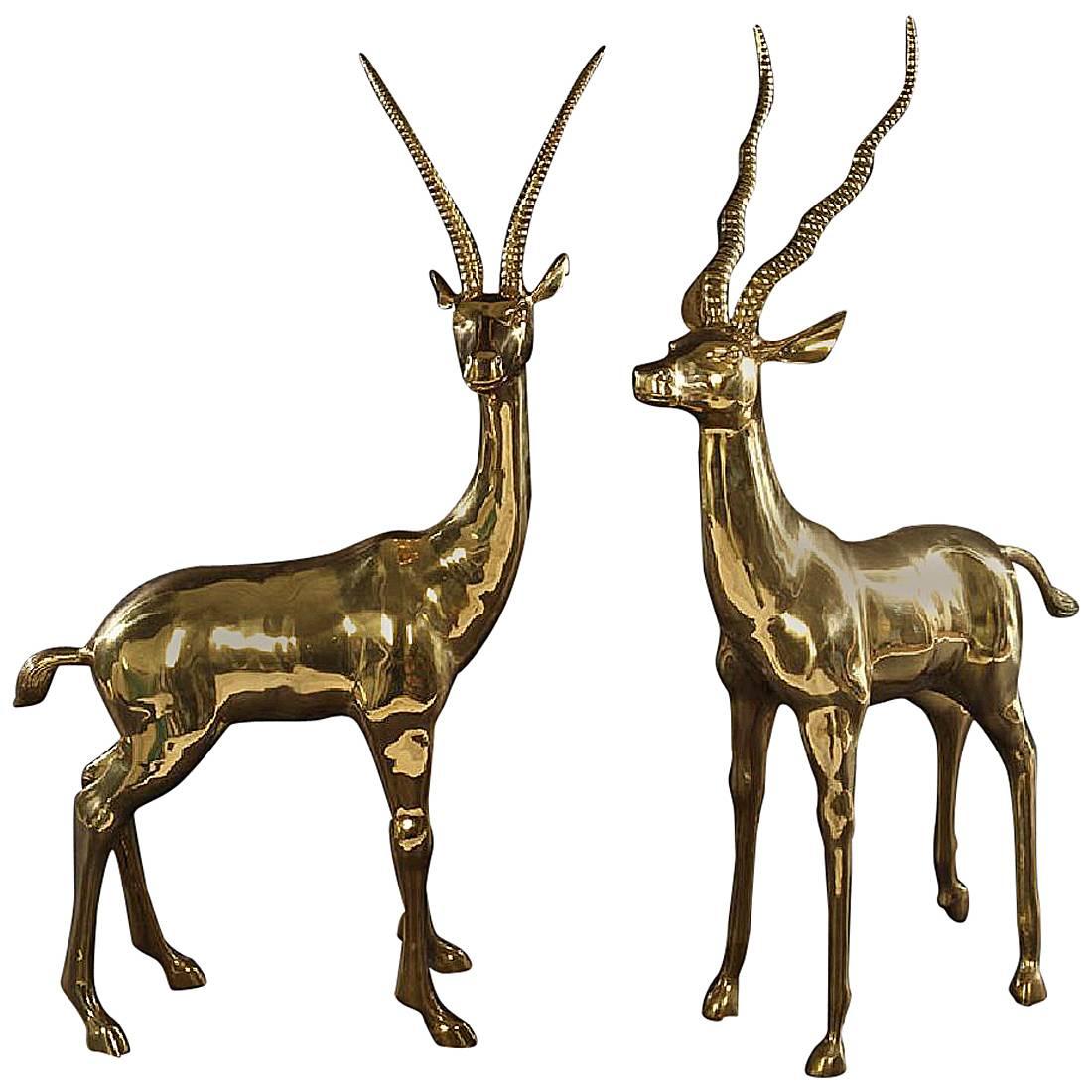 Pair of 20th Century Very Large Polished Brass Gazelles Statues For Sale