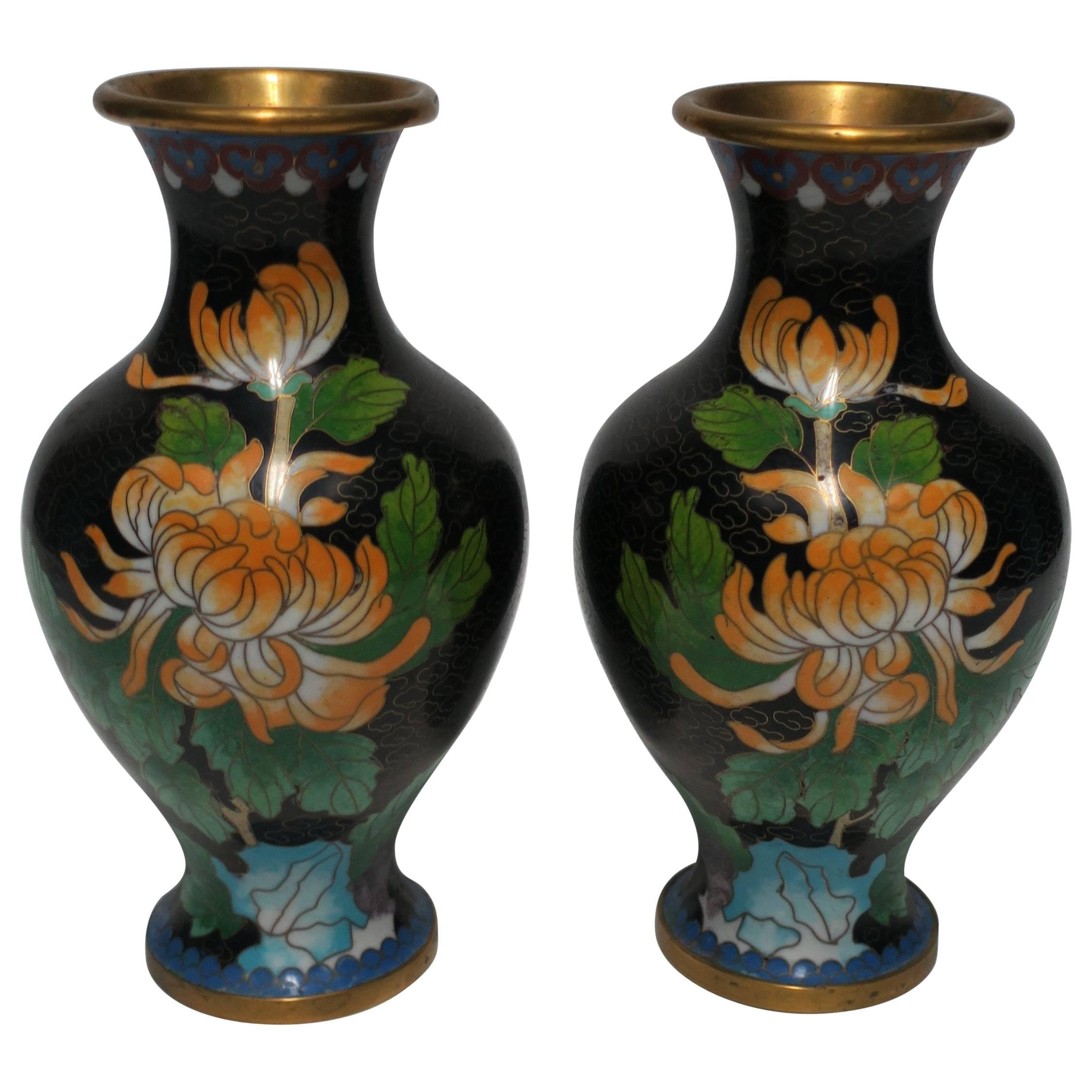 Black and Green Cloisonné́ Enamel and Brass Flower Vases, Pair For Sale 7