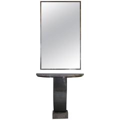 Fine French, Art Deco Hammered Metal and Marble Console Table with Mirror 6