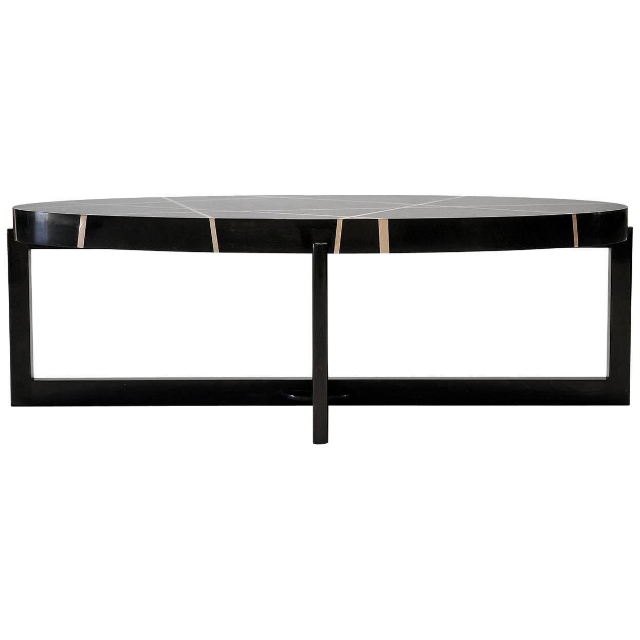 Ray Oval Cocktail Table in Genuine Gabon Ebony and Bronze by Newell Design For Sale