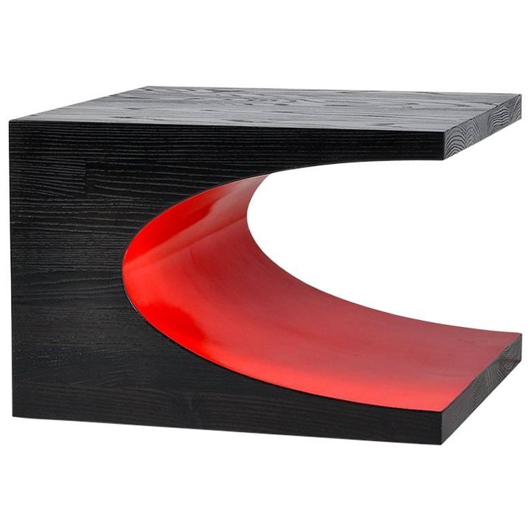 Ellipse End Table in Etched Ash and Red Lacquer by Newell Design For Sale