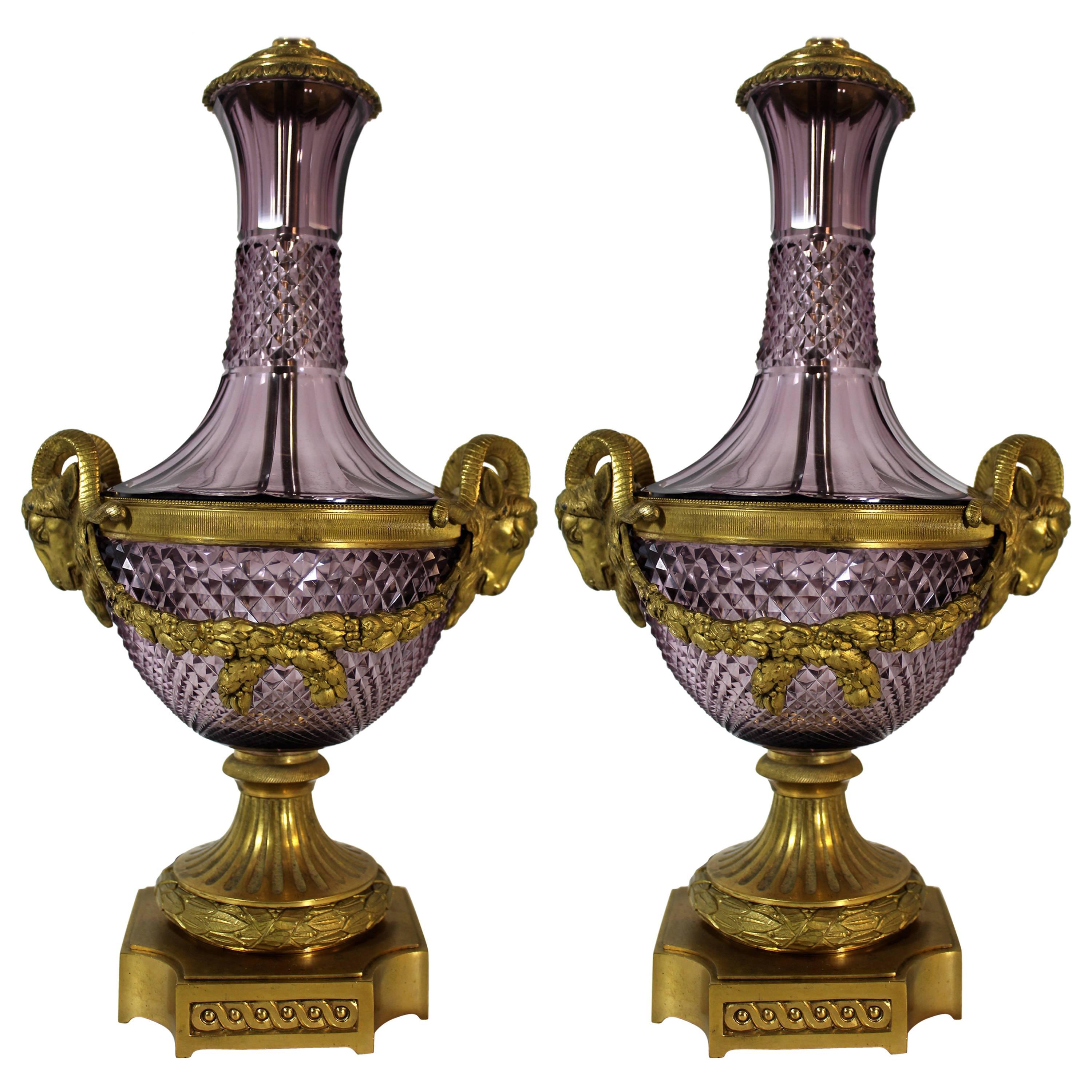 Pair of Baccarat Lamps with Amethyst Color Crystal and Gilt Bronze Mounts