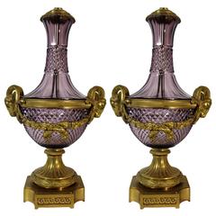 Pair of Baccarat Lamps with Amethyst Color Crystal and Gilt Bronze Mounts