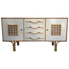 Retro Rattan and Melamine Sideboard, France, 1970s