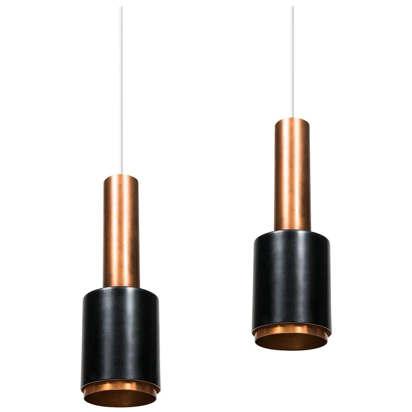 Pair of Ceiling Lamps in Copper and Black Lacquered Metal
