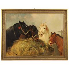 19th Century, Flemish Painting "Horses" Signed Henry Schouten