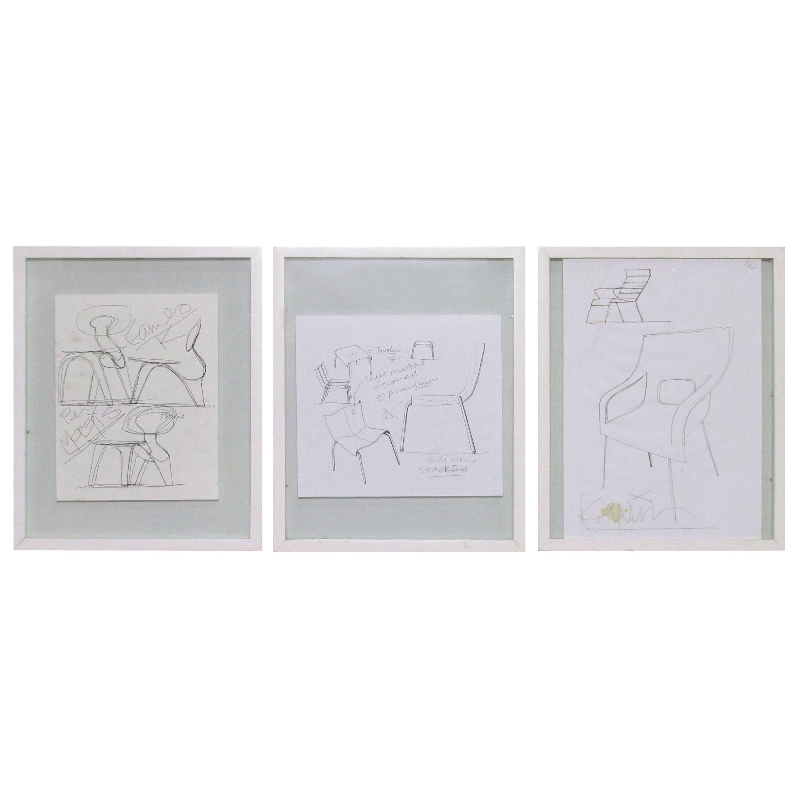 Set of Three Karim Rashid Original Pencil Sketches