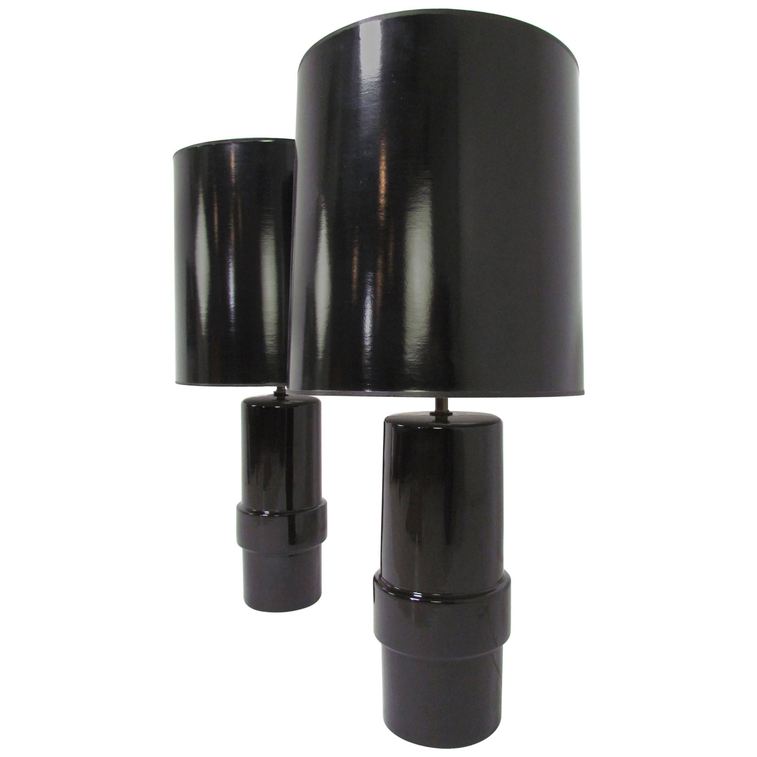 Pair of Large Cylindrical Black Ceramic Table Lamps, circa 1970s
