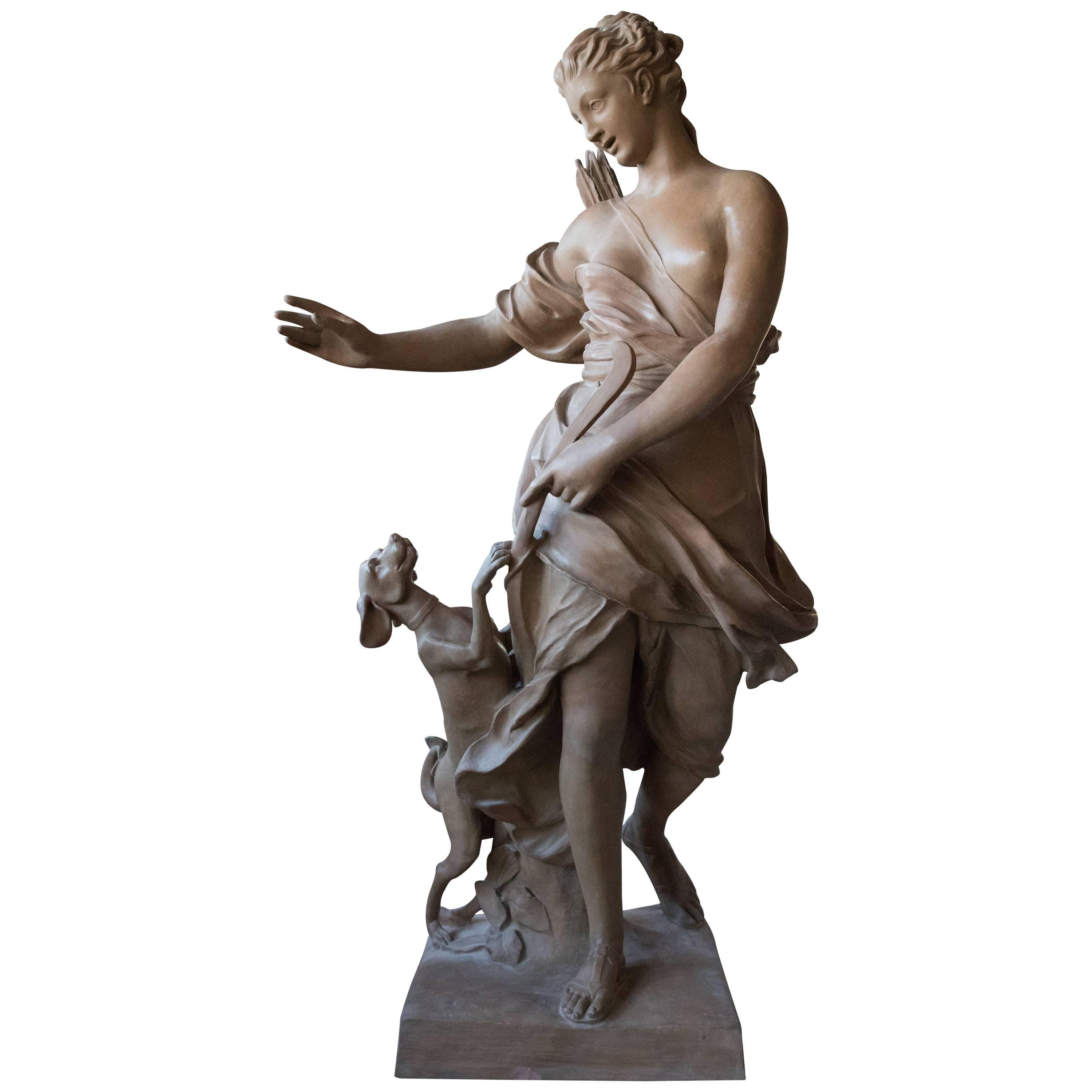 Exceptional Terracotta Statue Compagne De Diane after René Frémin For Sale