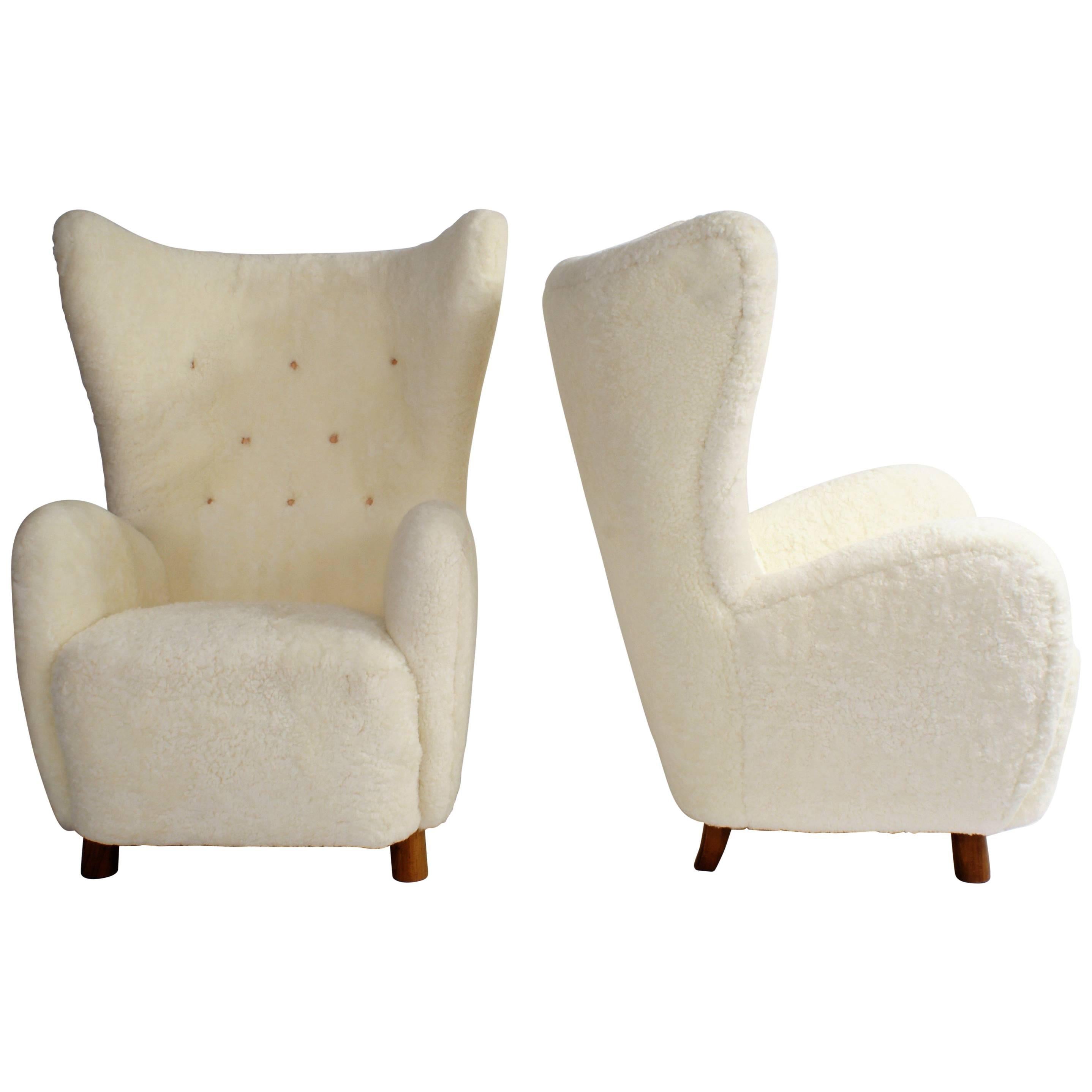 Mogens Lassen Pair of 1940s 'Wing' Easy Chairs in Sheepskin For Sale