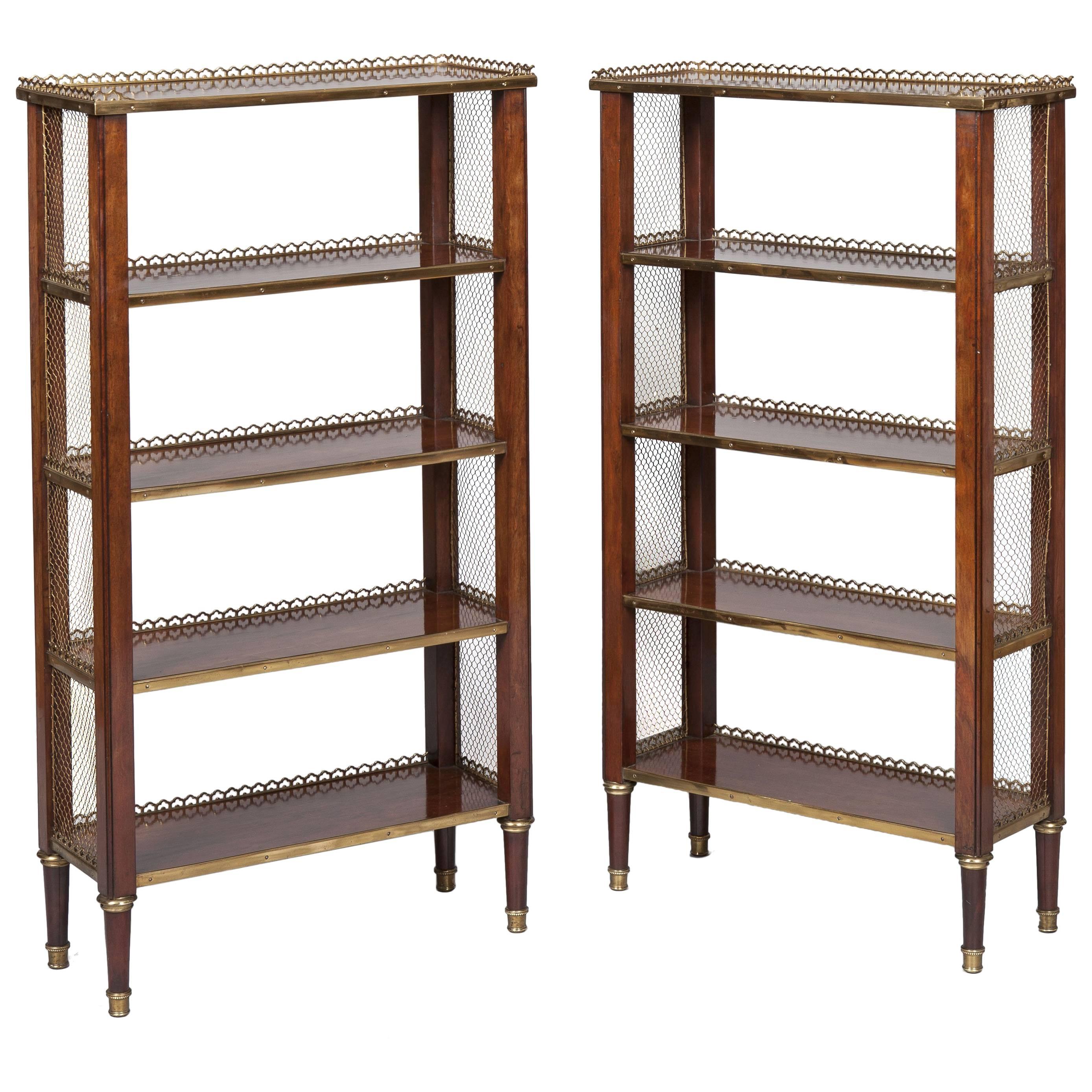 Pair of French Mahogany and Bronze Open Bookcases For Sale