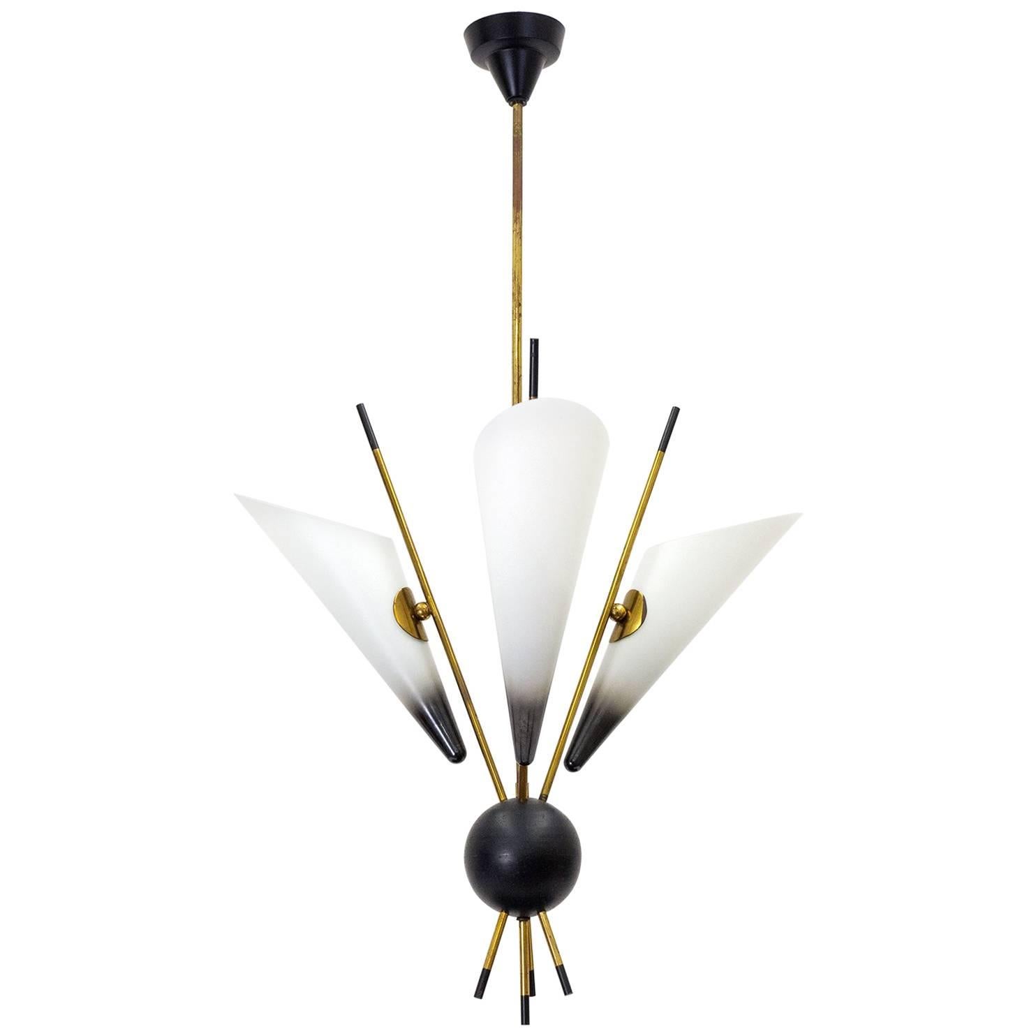 Italian Modernist Brass and Enameled Glass Sputnik Chandelier, 1950s