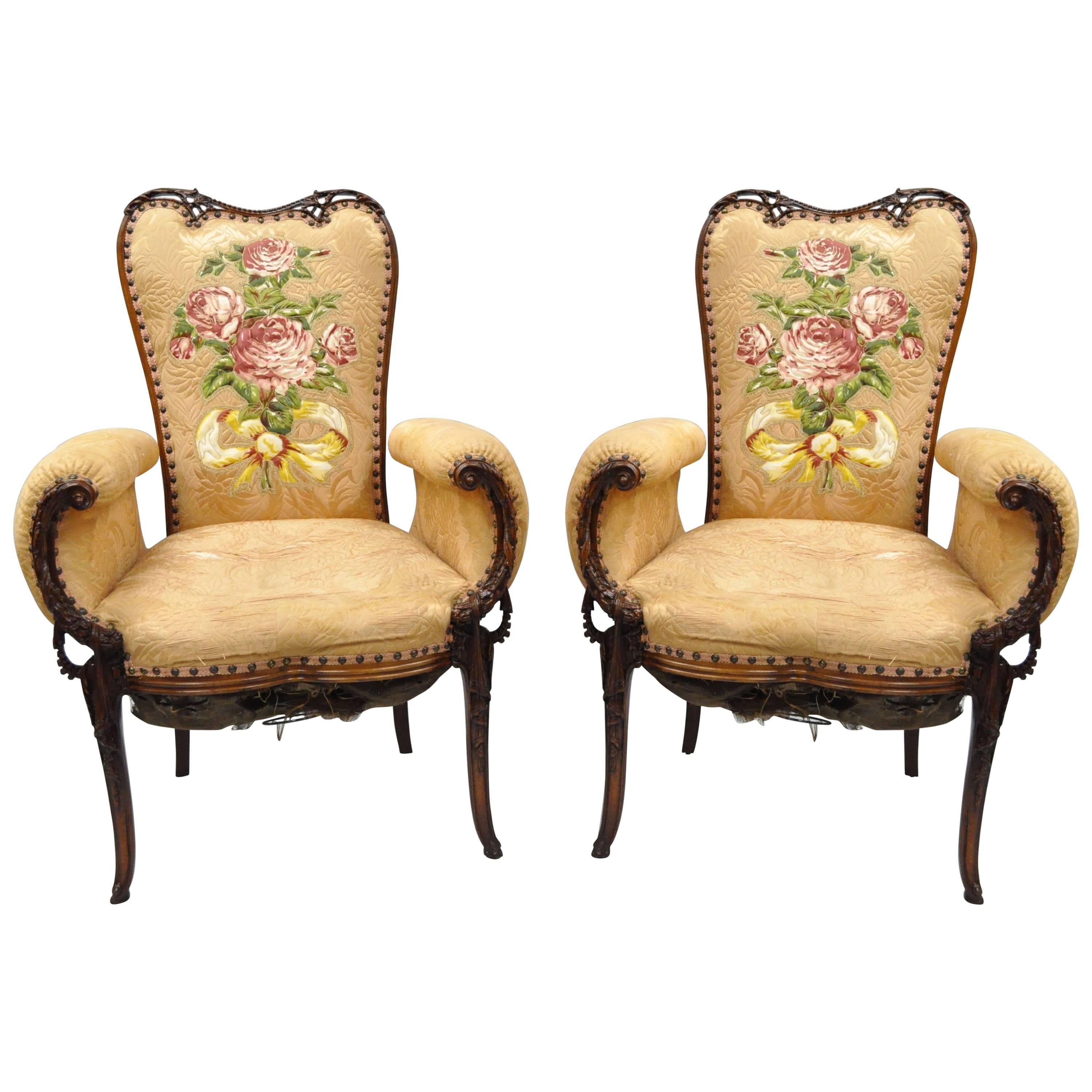 Pair of Carved Mahogany French Hollywood Regency Fireside Chairs Grosfeld House