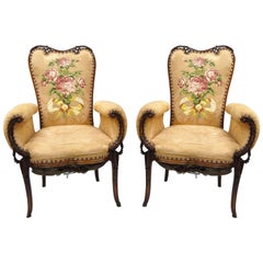 Vintage Pair of Carved Mahogany French Hollywood Regency Fireside Chairs Grosfeld House