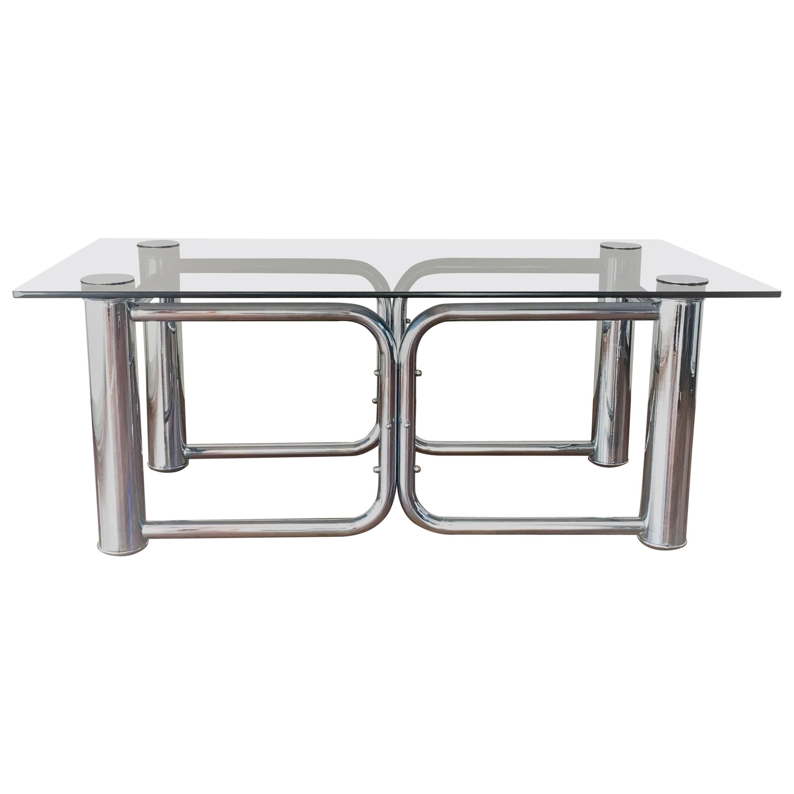 Mid-Century Modern Chrome Coffee Table with Smoked Glass Top