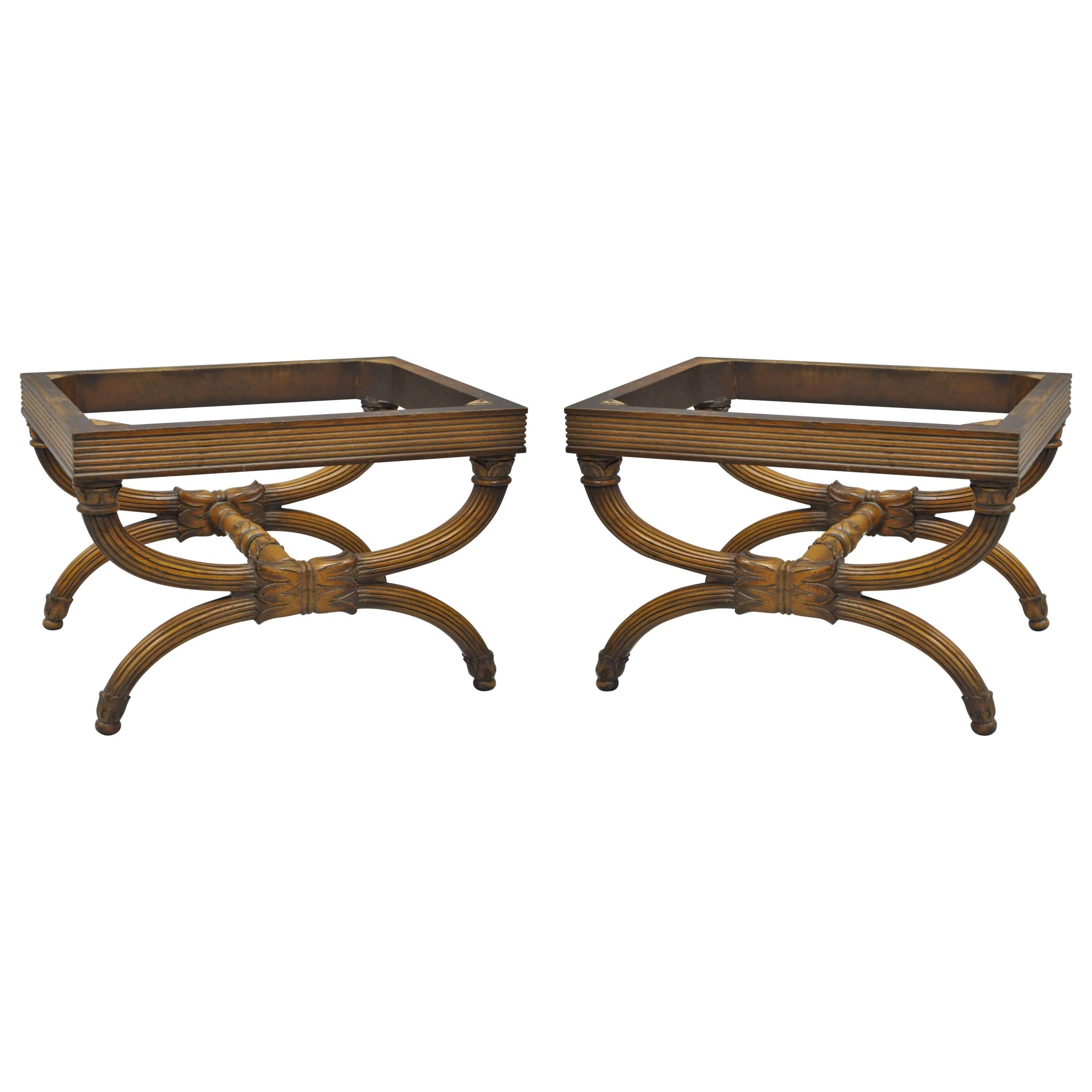 Pair of Carved Walnut French Neoclassical Style Curule X-Form Benches or Stools