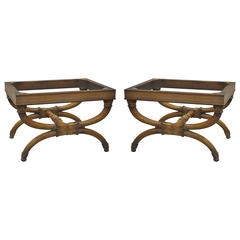 Pair of Carved Walnut French Neoclassical Style Curule X-Form Benches or Stools