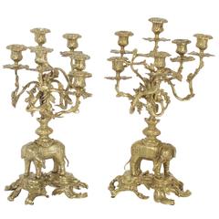 Louis XV Style Pair of Cast Brass French Elephant Candlesticks