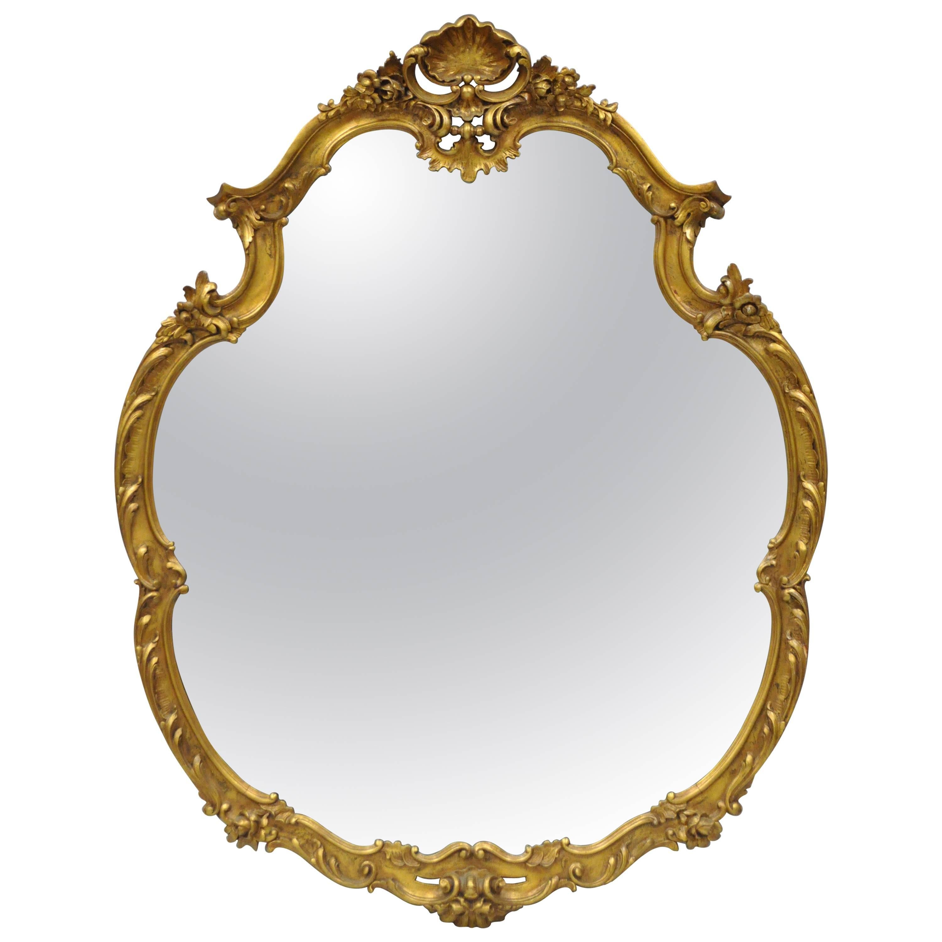 Large French Rococo Louis XV Style Shell and Floral Carved 65" Gold Wall Mirror For Sale