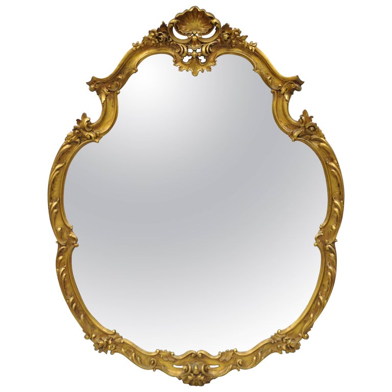 Large French Rococo Louis Xv Style Shell And Fl Carved 65 Gold Wall Mirror