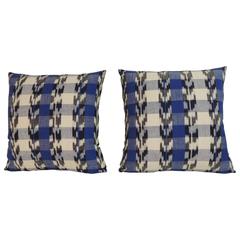 Pair of Blue and White Ikat Vintage Decorative Pillows