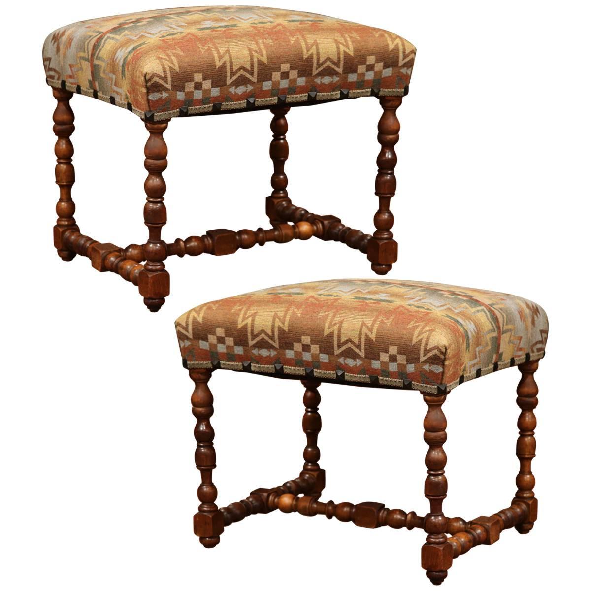 Pair of 19th Century, French, Louis XIII Walnut Stools with Ralph Lauren Fabric