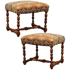 Antique Pair of 19th Century, French, Louis XIII Walnut Stools with Ralph Lauren Fabric