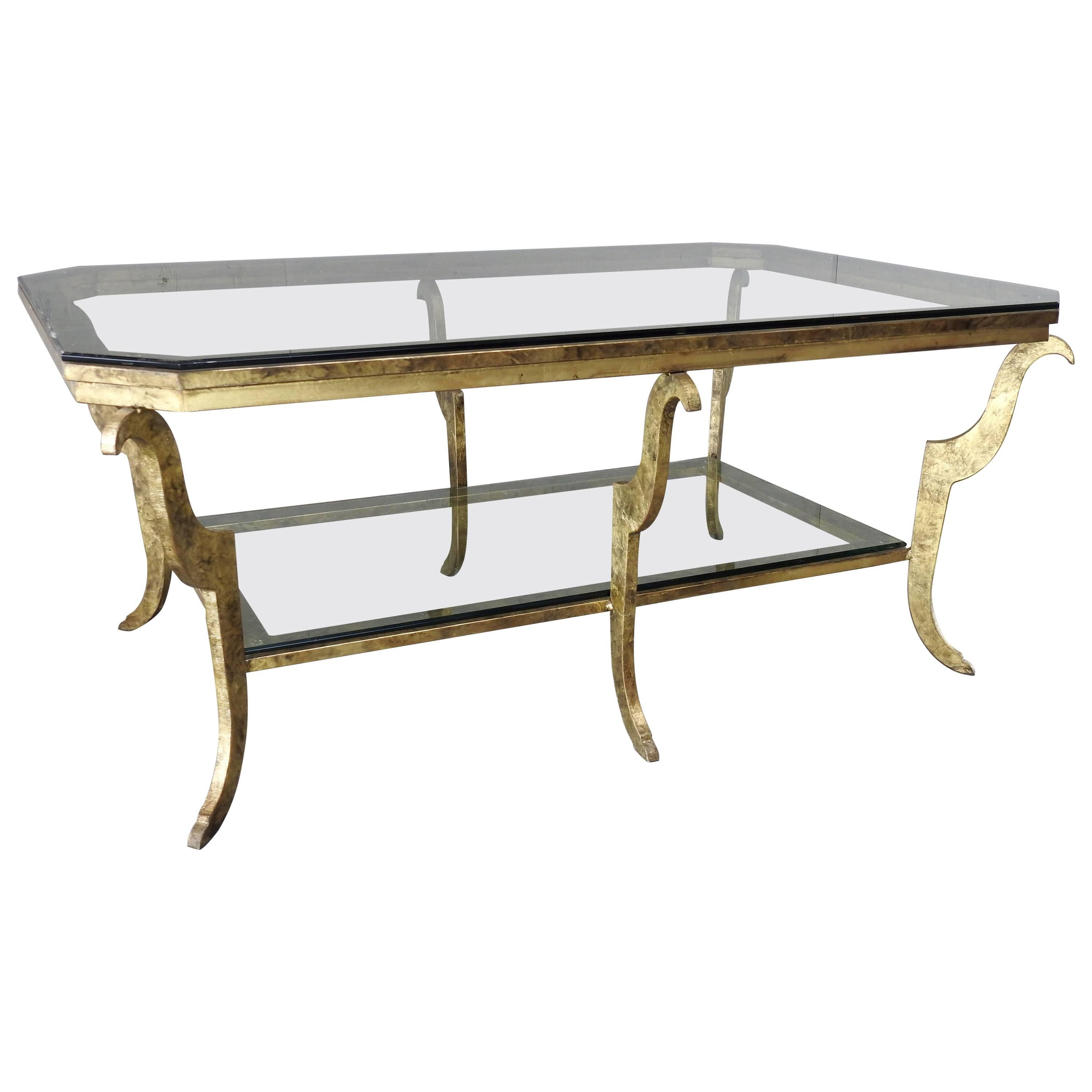 Swaim Hollywood Regency Gilded Steel and Beveled Glass Top Cocktail Table