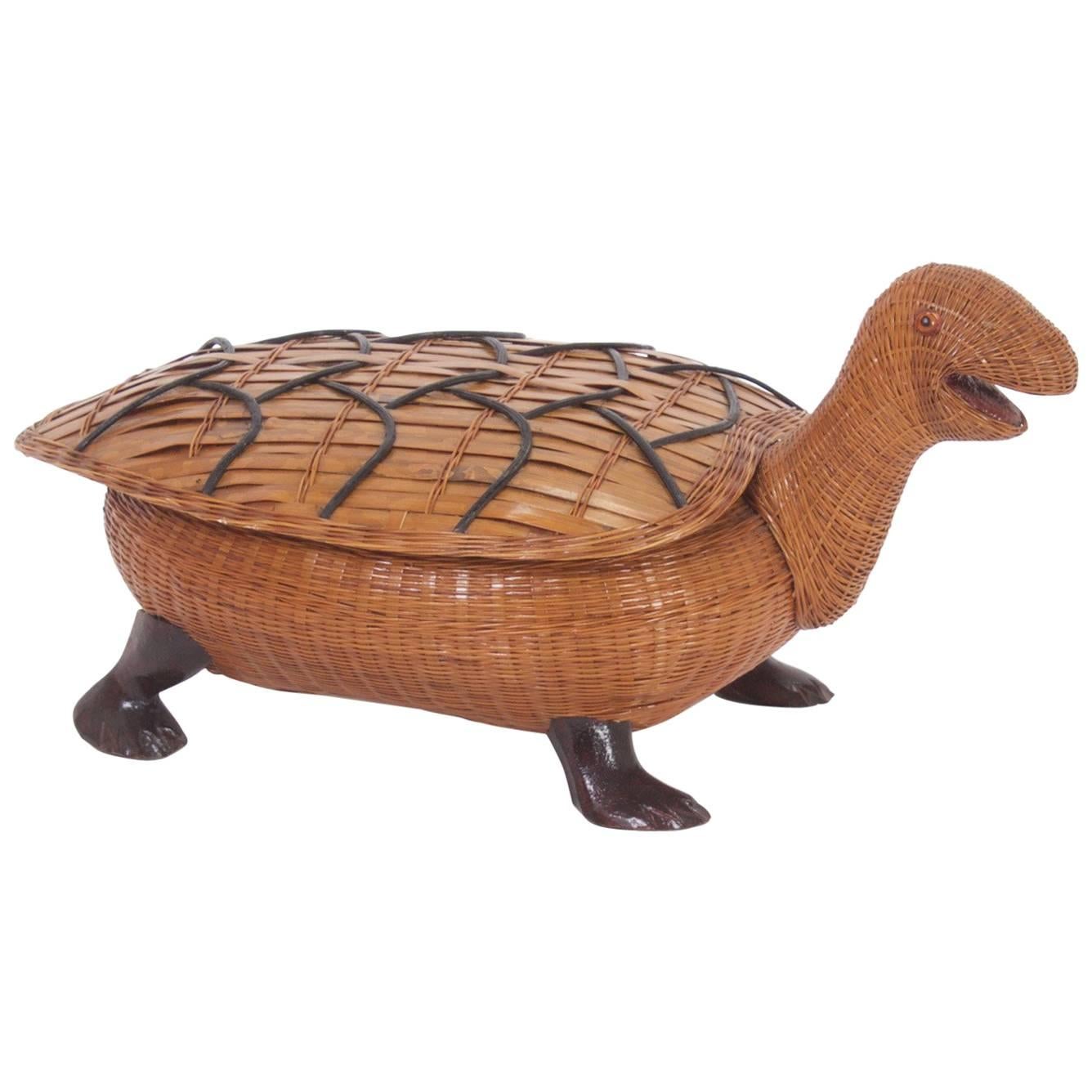Delightful Mid-Century Wicker and Bamboo Turtle Box