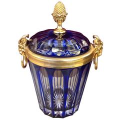 Signed French Cobalt Lead Crystal with Brass Ormolu Covered Ice Bucket