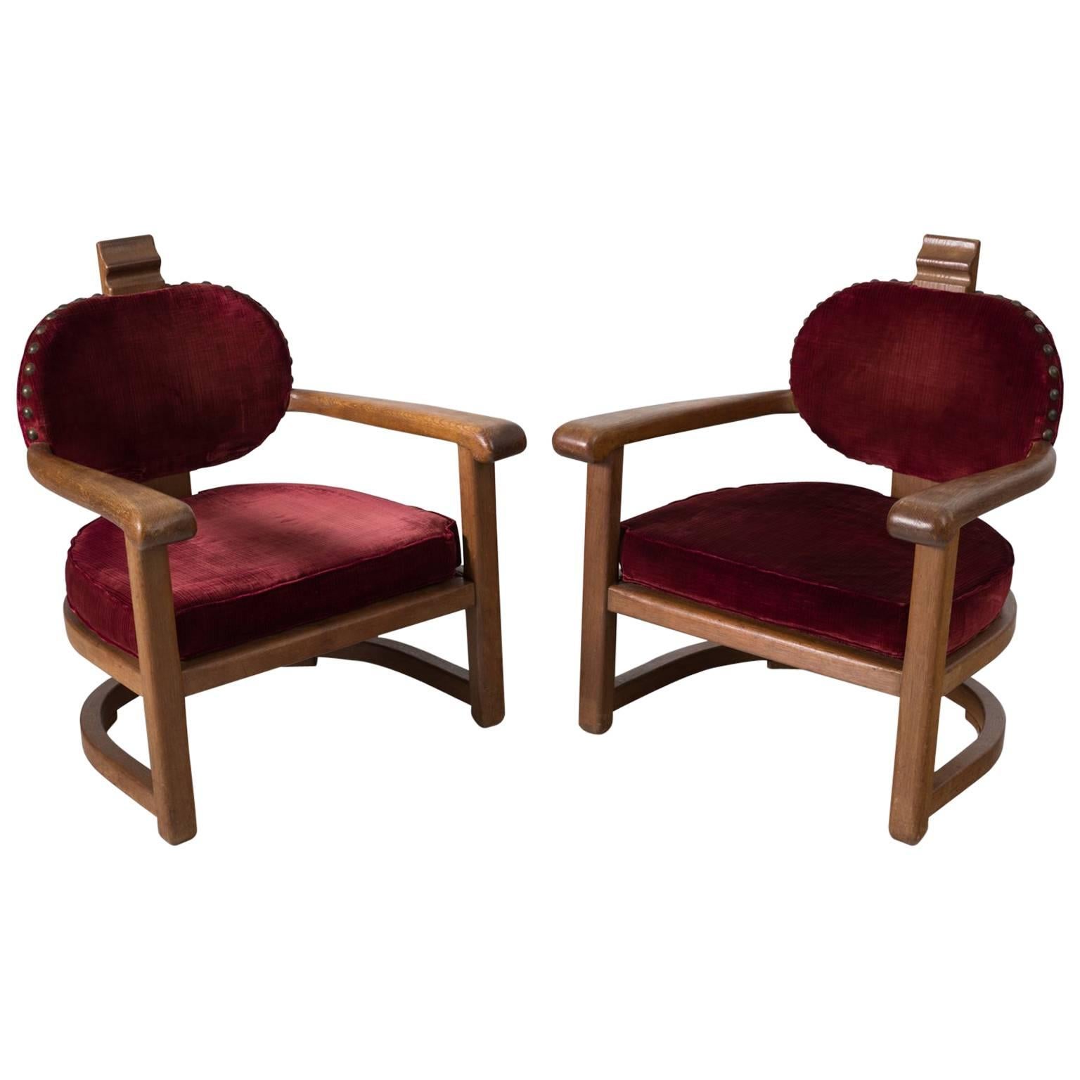Set of two Art Deco Lounge Chairs in Solid Oak and Red Upholstery