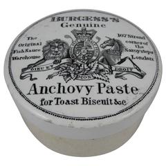 English Staffordshire Transferware Pot & Lid, Burgess Anchovy Paste, 1885