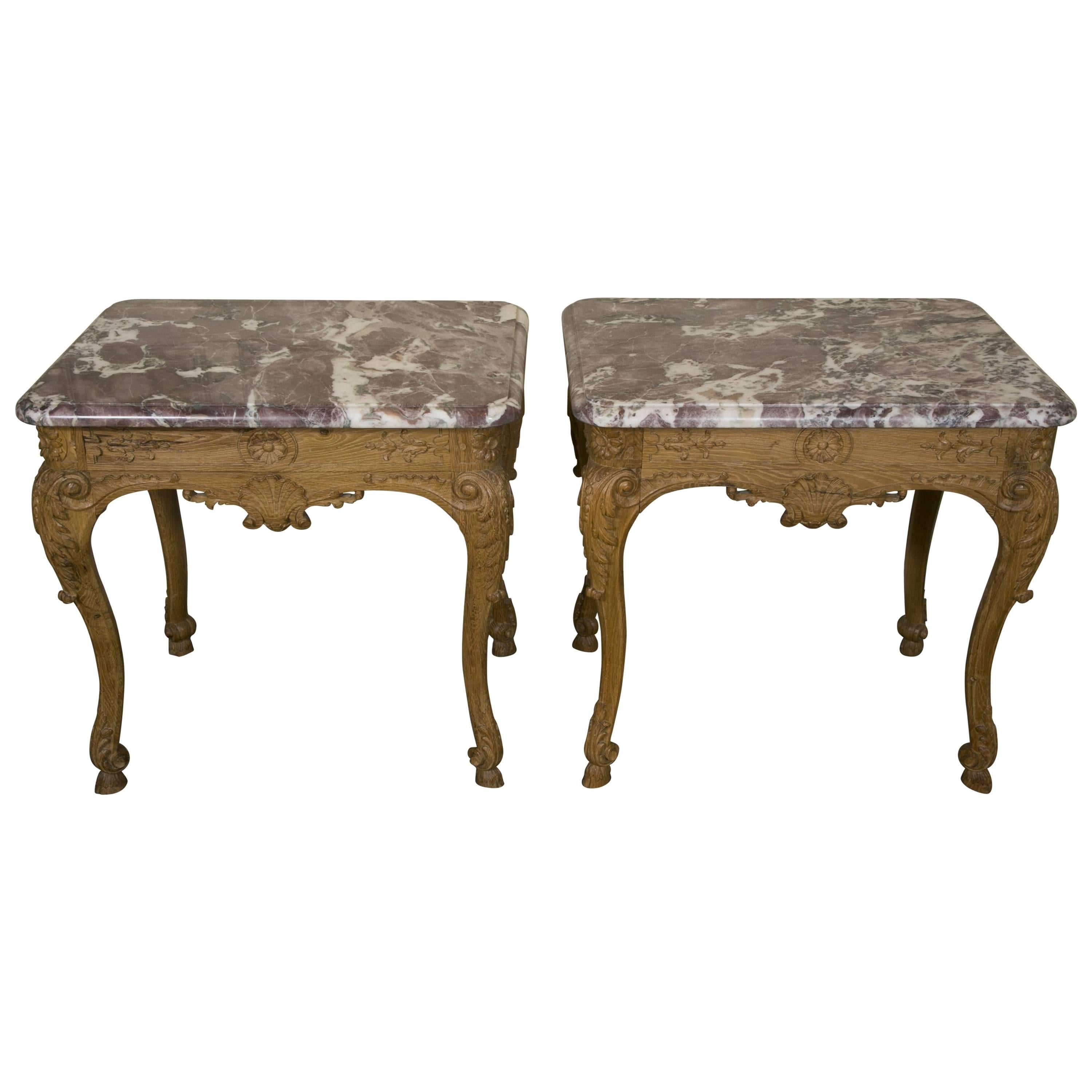 Pair of 19th Century French Regence Style Oak Marble-Top End Tables For Sale