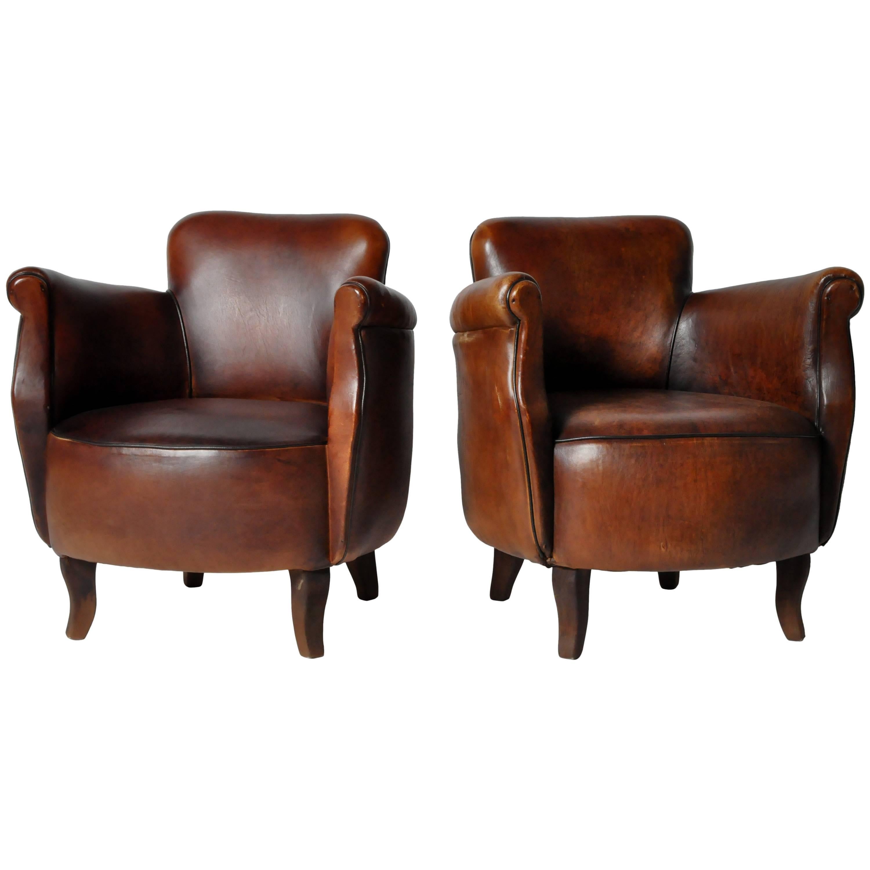Pair of Petite Brown Leather Club Chairs