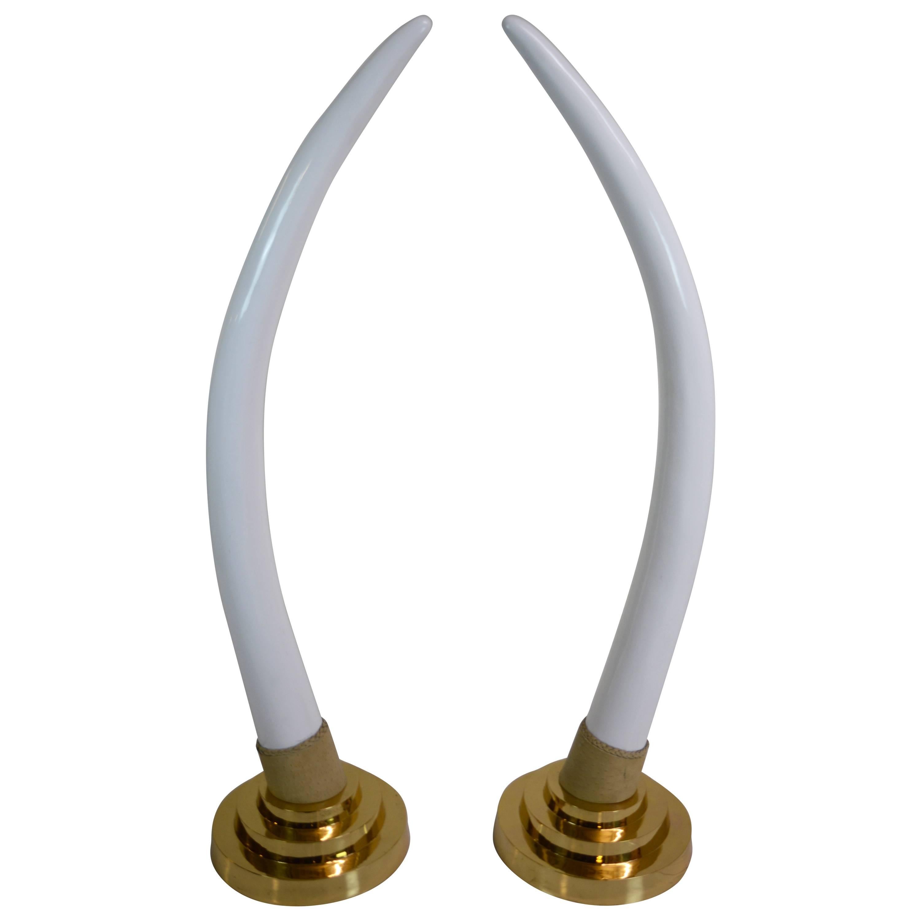 Monumental Pair of Faux Tusks with Solid Brass Bases and Ostrich Leather For Sale