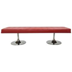 Vintage 1970s Red Tufted Chrome Double Tulip Base Saarinen Style Long Bench