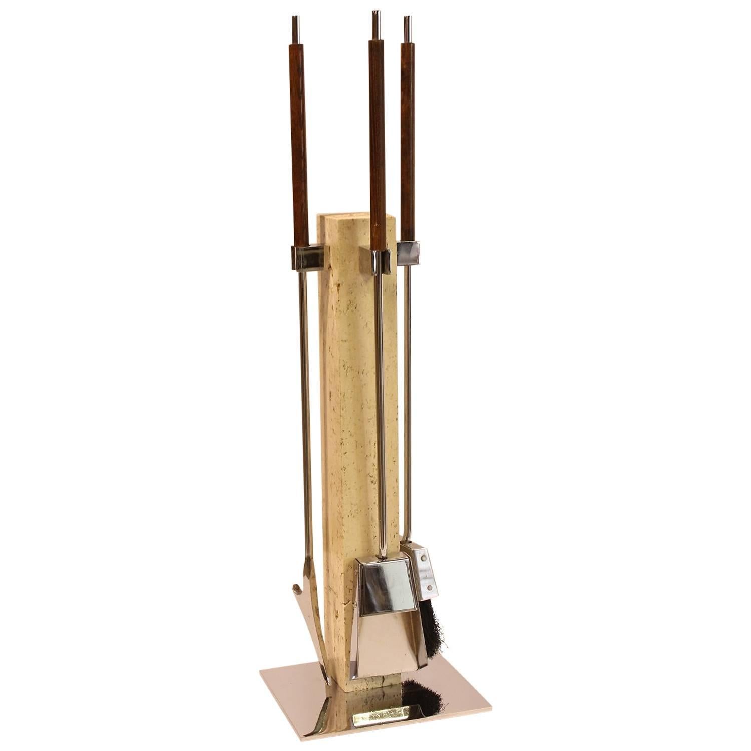 Modern Italian Travertine and Chrome Fireplace Tools attrib. to Danny Alessandro For Sale
