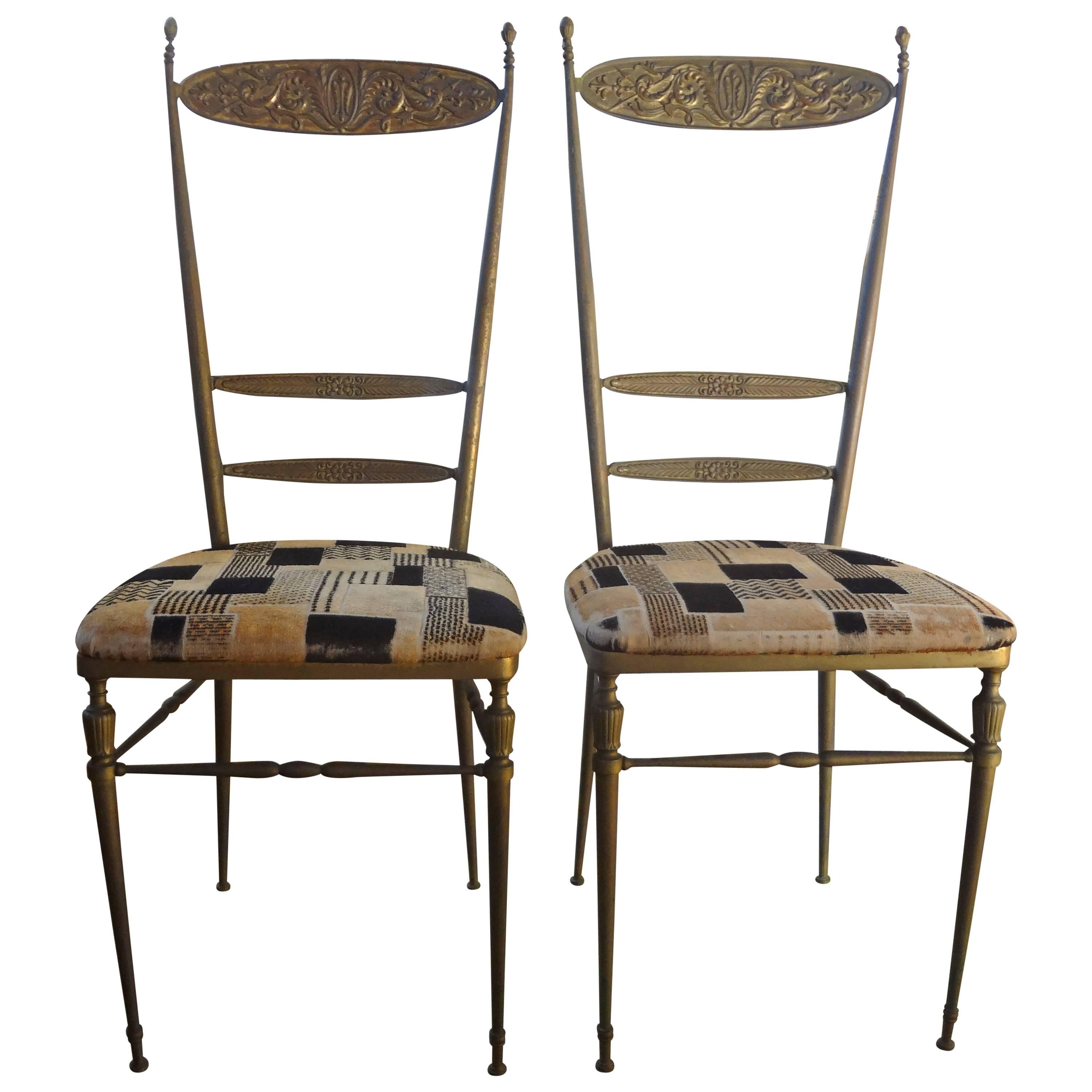 Unusual Pair of Tall Brass Italian Chiavari Chairs