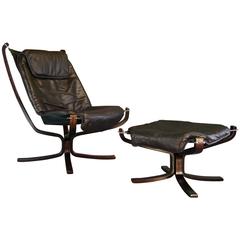 Falcon Chair by Sigurd Ressell, Vatne Mobler, High Back, Brown Leather, Footstool