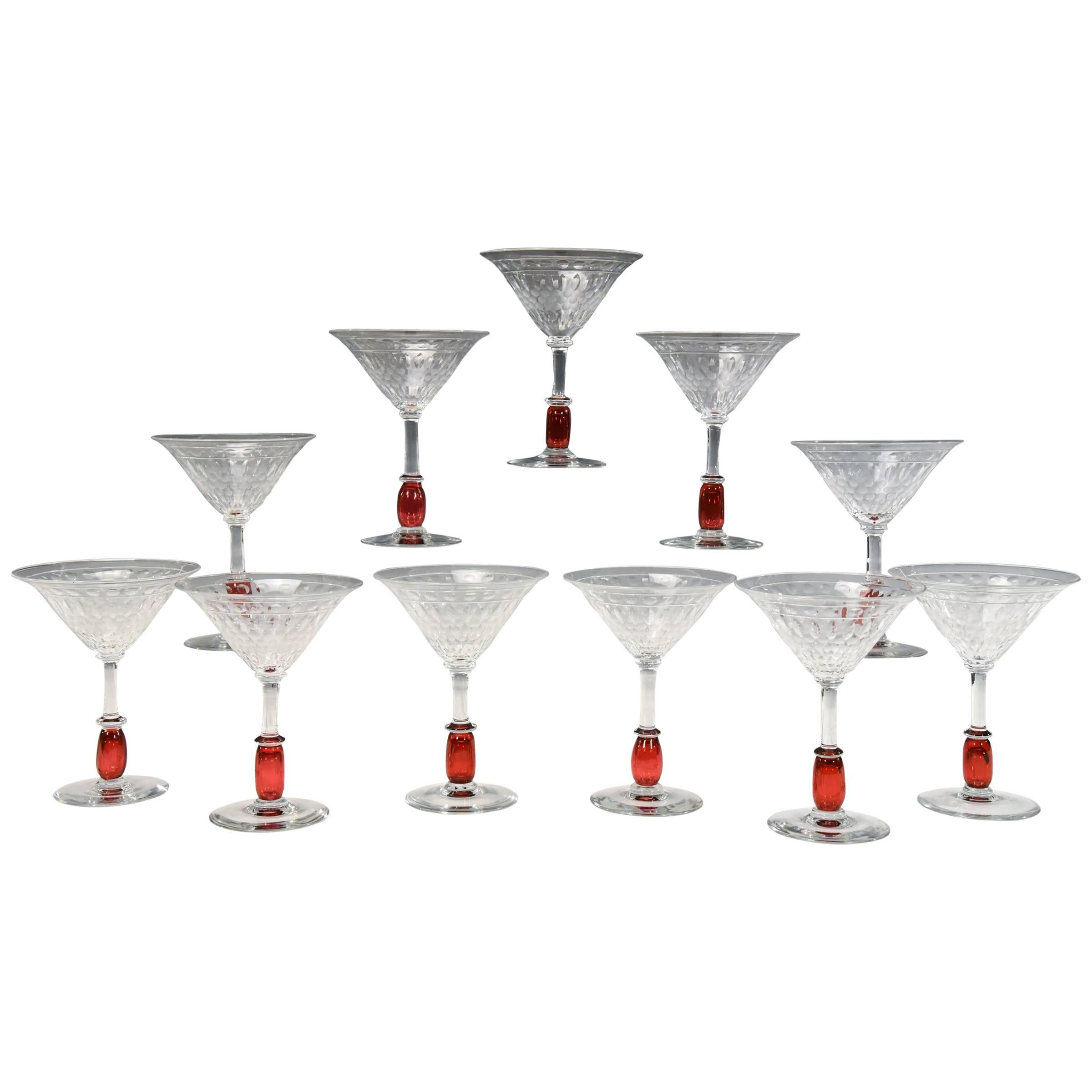 Set of 12 Libbey Nash Art Deco Handblown Wheel Cut Ruby Stem Cocktail Glasses