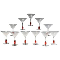 Lot de 12 verres à cocktail Libbey Nash Art Déco soufflés à la main:: à pied en rubis et à pied de roue