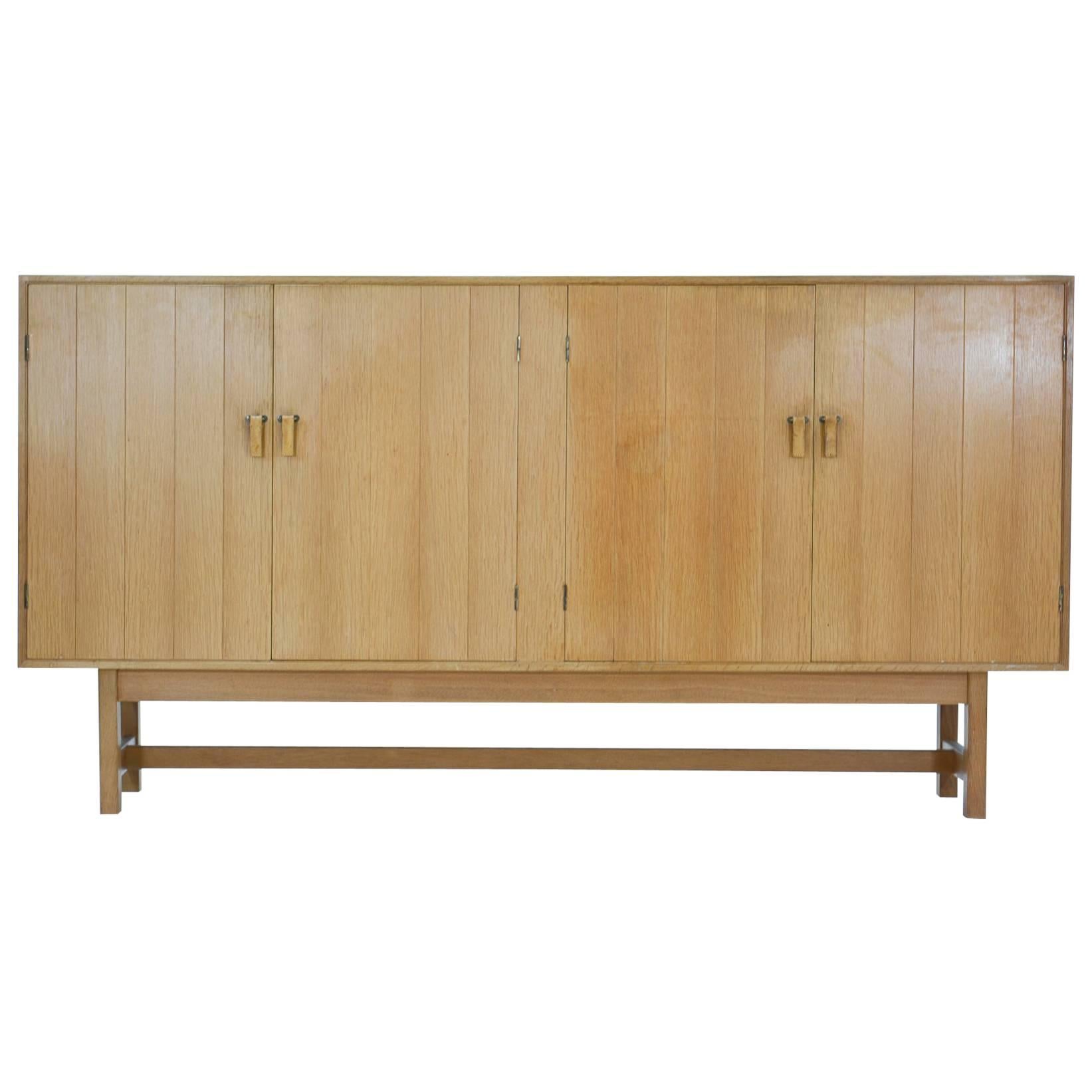 Stately Kurt Østervig Cerused Oak Media Cabinet/Sideboard with Leather Pulls